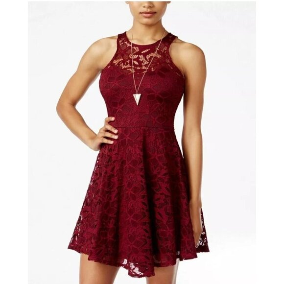 Material Girl Juniors Burgundy Lace Skater Dress Mini Size Medium NEW - Picture 1 of 14